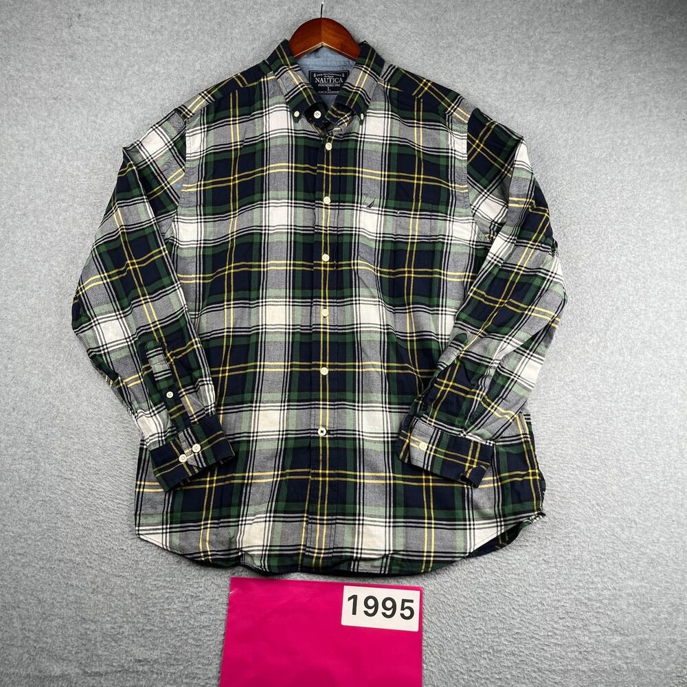 Nautica Sea Voyage Shirt Green Plaid Casual Button Up Long Sleeve Mens Large